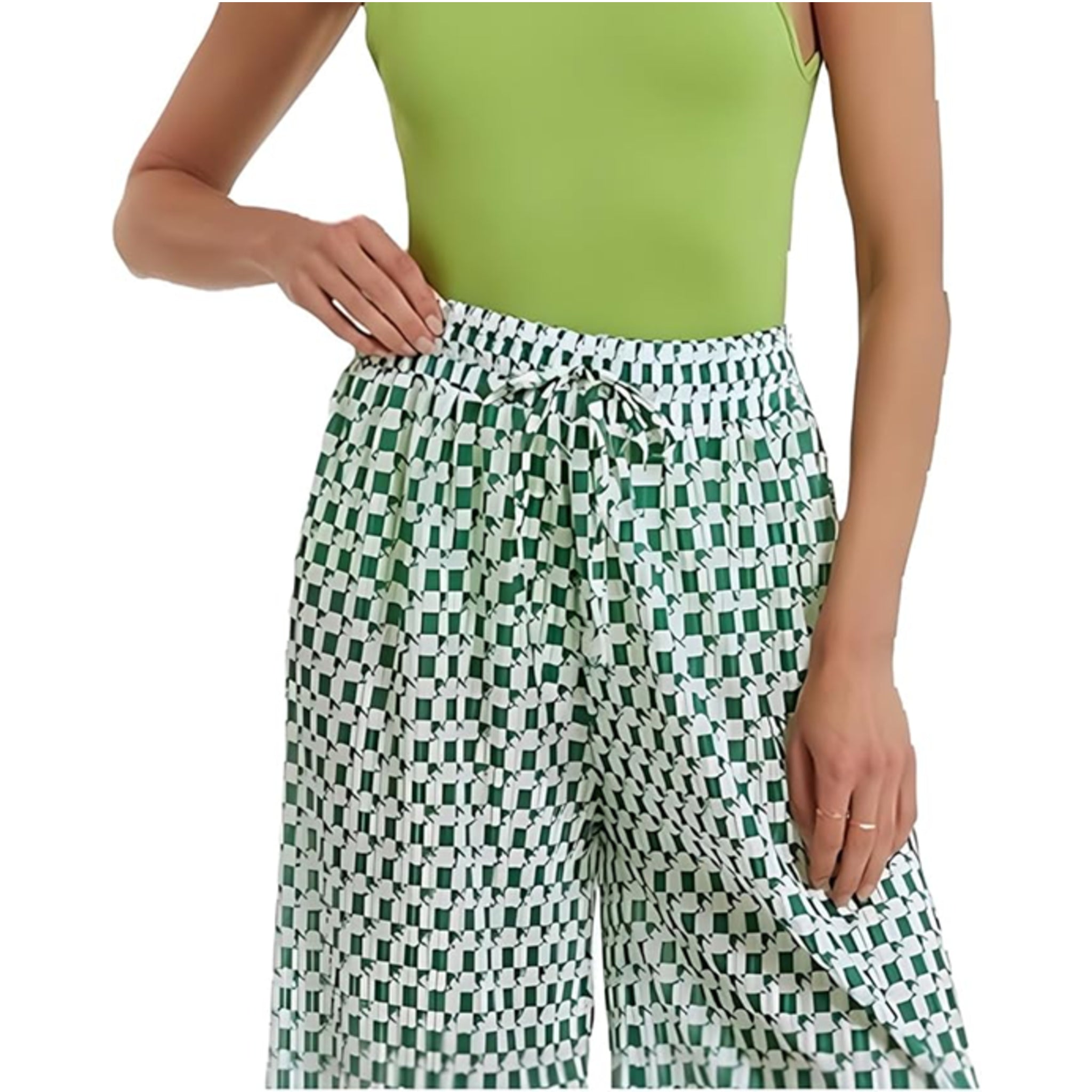 Ladies Green and White Check Design Palazzo Trousers – Wide Leg Lightweight Summer Pants